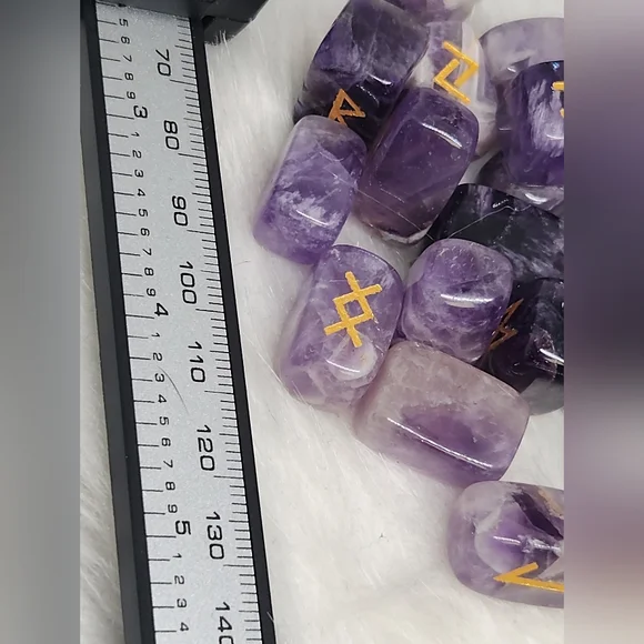 Amethyst Rune Stones Set | Engraved Runes w/ Velvet Pouch & Guide Crystal. - Picture 7 of 7